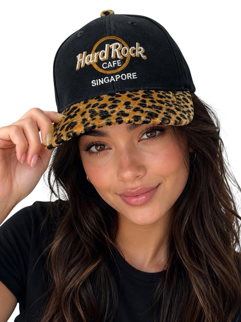 Hard Rock Cafe Singapore Black Baseball Hat Cap with Leopard Brim and Gold Logo
